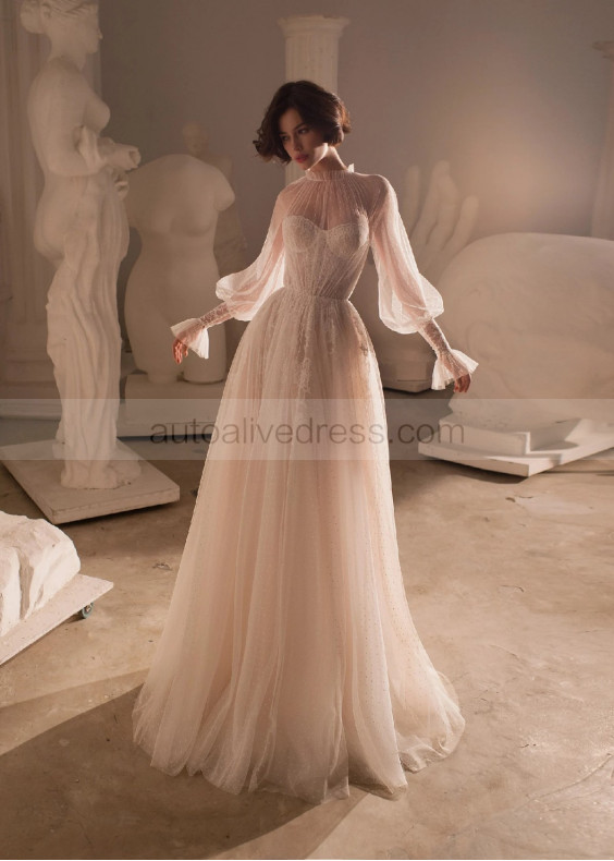 Long Sleeves Ivory Lace Dots Tulle Gorgeous Wedding Dress